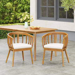 Klismos Dining Armchair Set of 2 with Solid Wood Construction and Curved Backrest in Teak and Beige