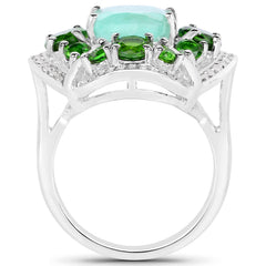 5.49 Carat Genuine Emerald, Chrome Diopside and White Diamond .925 Sterling Silver Ring