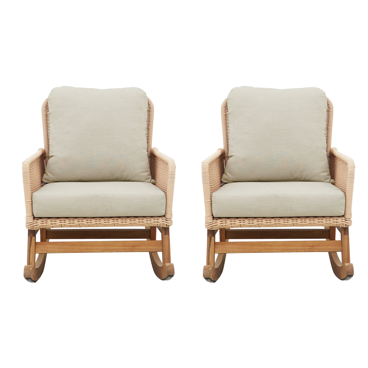 Contemporary Minimalist Beige Wicker Rocking Chair with Soft Cushions