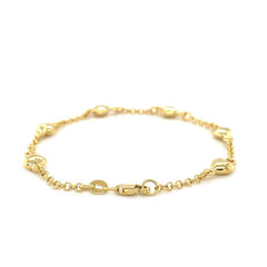 14k Yellow Gold Rolo Chain Bracelet with Puffed Heart Stations