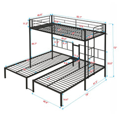 Twin Over Twin Over Twin Triple Bunk Bed With Safety Rails And Storage Shelf - Black