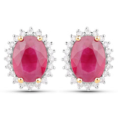 3.14 Carat Genuine Ruby and White Diamond 14K Yellow Gold Earrings