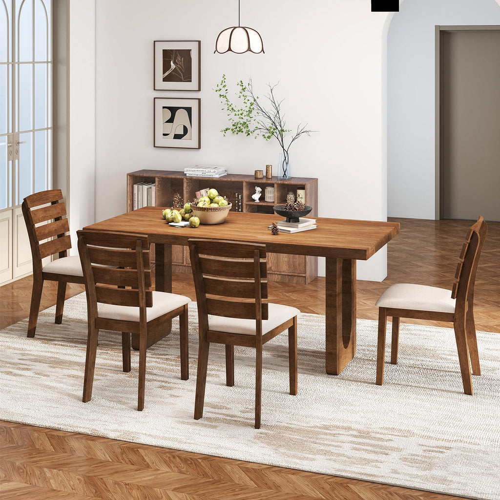 Dining Chair Set of 2 with Slatted High Backrest and Rubber Wood Legs-Brown