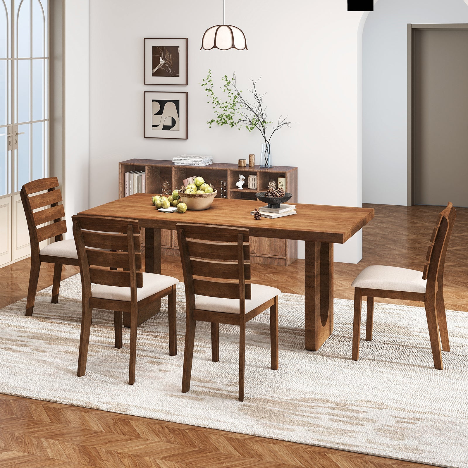 Dining Chair Set of 2 with Slatted High Backrest and Rubber Wood Legs-Brown