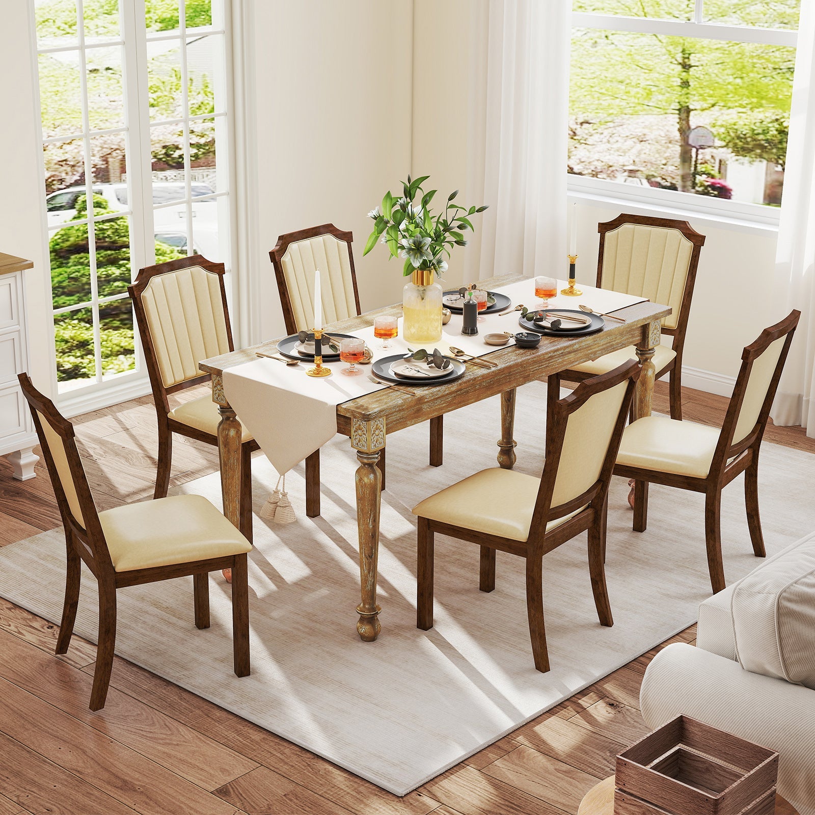 Dining Chair Set of 2 with PU Leather and Rubber Wood Frame-Brown