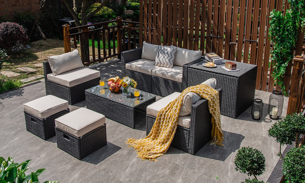8 Pieces Patio Rattan Storage Table Furniture Set-Off White