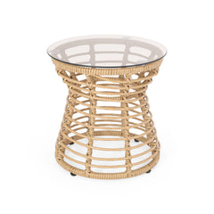San Pedro Boho Style Side Table with Tempered Glass Top in Light Brown Rattan