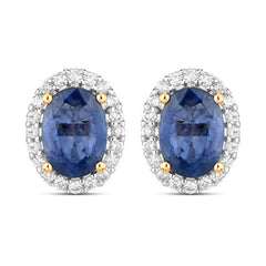 2.16 Carat Genuine Blue Sapphire and White Diamond 14K Yellow Gold Earrings