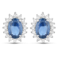 2.22 Carat Genuine Blue Sapphire and White Diamond 14K White Gold Earrings