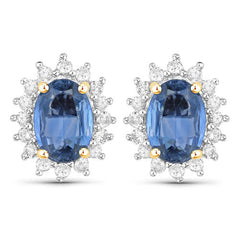2.22 Carat Genuine Blue Sapphire and White Diamond 14K Yellow Gold Earrings