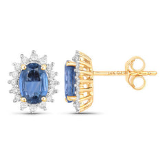 2.22 Carat Genuine Blue Sapphire and White Diamond 14K Yellow Gold Earrings