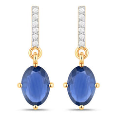 1.95 Carat Genuine Blue Sapphire and White Diamond 14K Yellow Gold Earrings