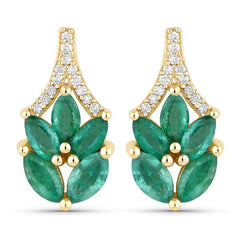 0.91 Carat Genuine Zambian Emerald and White Diamond 14K Yellow Gold Earrings