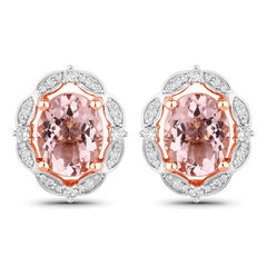 3.52 Carat Genuine Morganite and White Diamond 14K Rose Gold Earrings