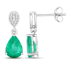 2.28 Carat Genuine Zambian Emerald and White Diamond 14K White Gold Earrings