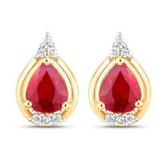 1.36 Carat Genuine Ruby and White Diamond 14K Yellow Gold Earrings