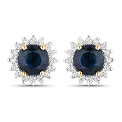 2.38 Carat Genuine Blue Sapphire and White Diamond 14K Yellow Gold Earrings