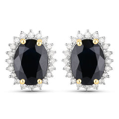3.32 Carat Genuine Blue Sapphire and White Diamond 14K Yellow Gold Earrings