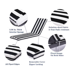 2-Piece Outdoor Chaise Lounge Chair Cushion Set, Black & White Striped Polyester