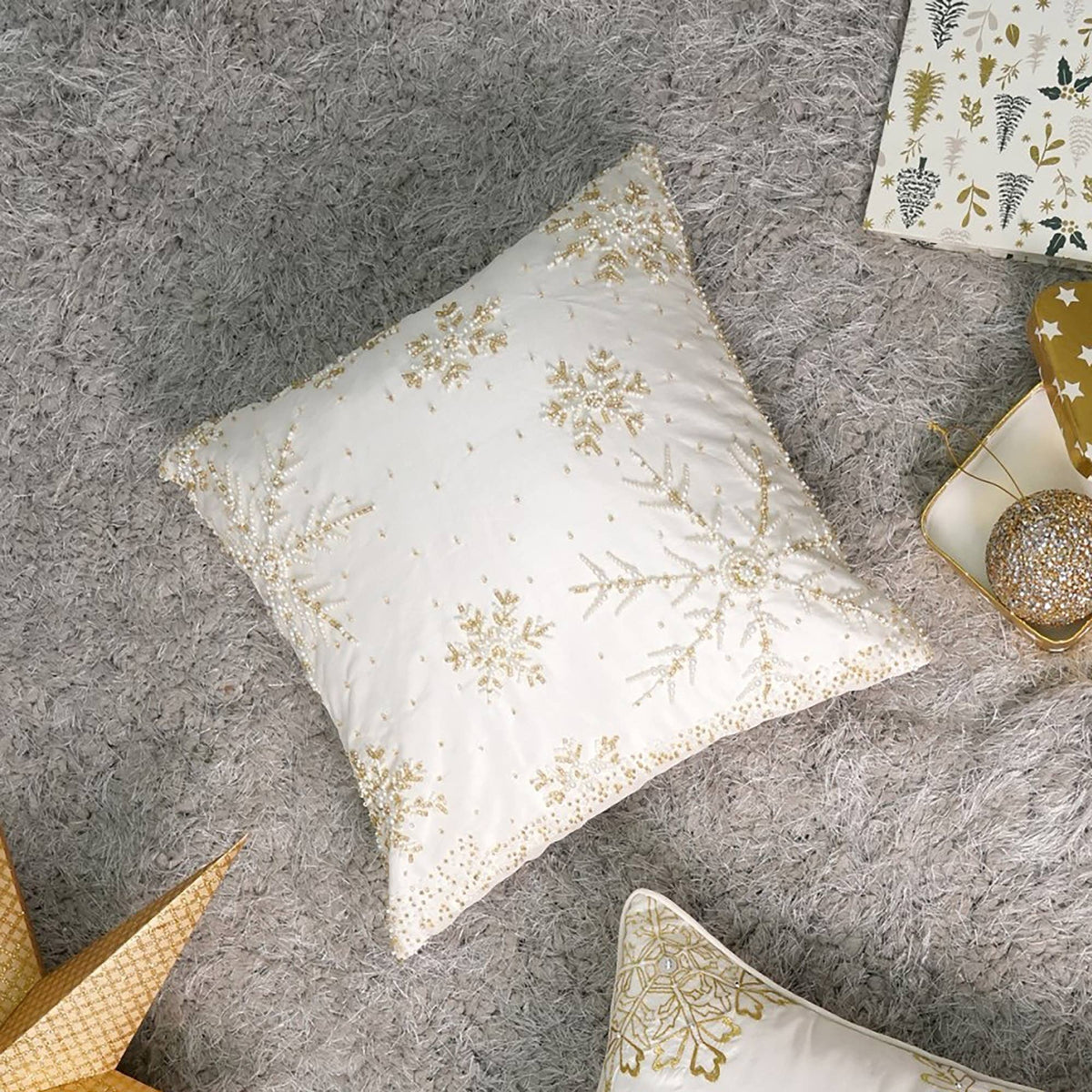 Handcrafted Snowflake Embroidered Cotton Throw Pillow