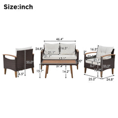 4 Piece PE Rattan Outdoor Sofa Set with Wood Table and Legs