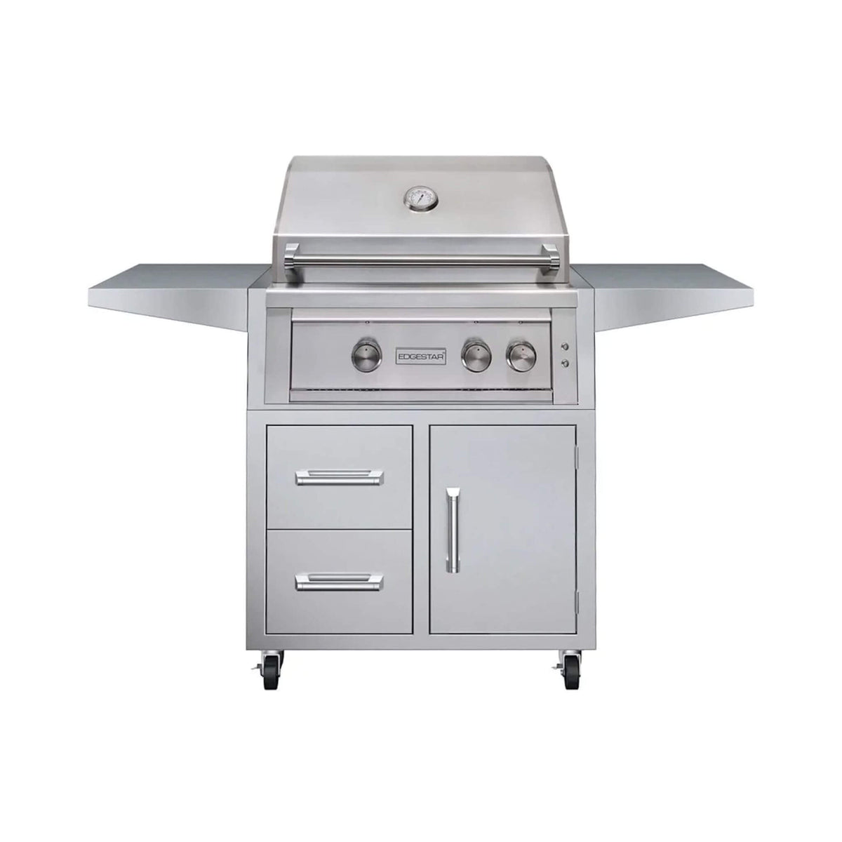 30-Inch 60K BTU Freestanding Gas Grill with Rotisserie featuring sleek stainless steel design and two side shelves.