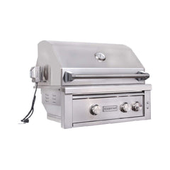 30-Inch 60K BTU Freestanding Gas Grill with Rotisserie shown in stainless steel design for outdoor cooking.