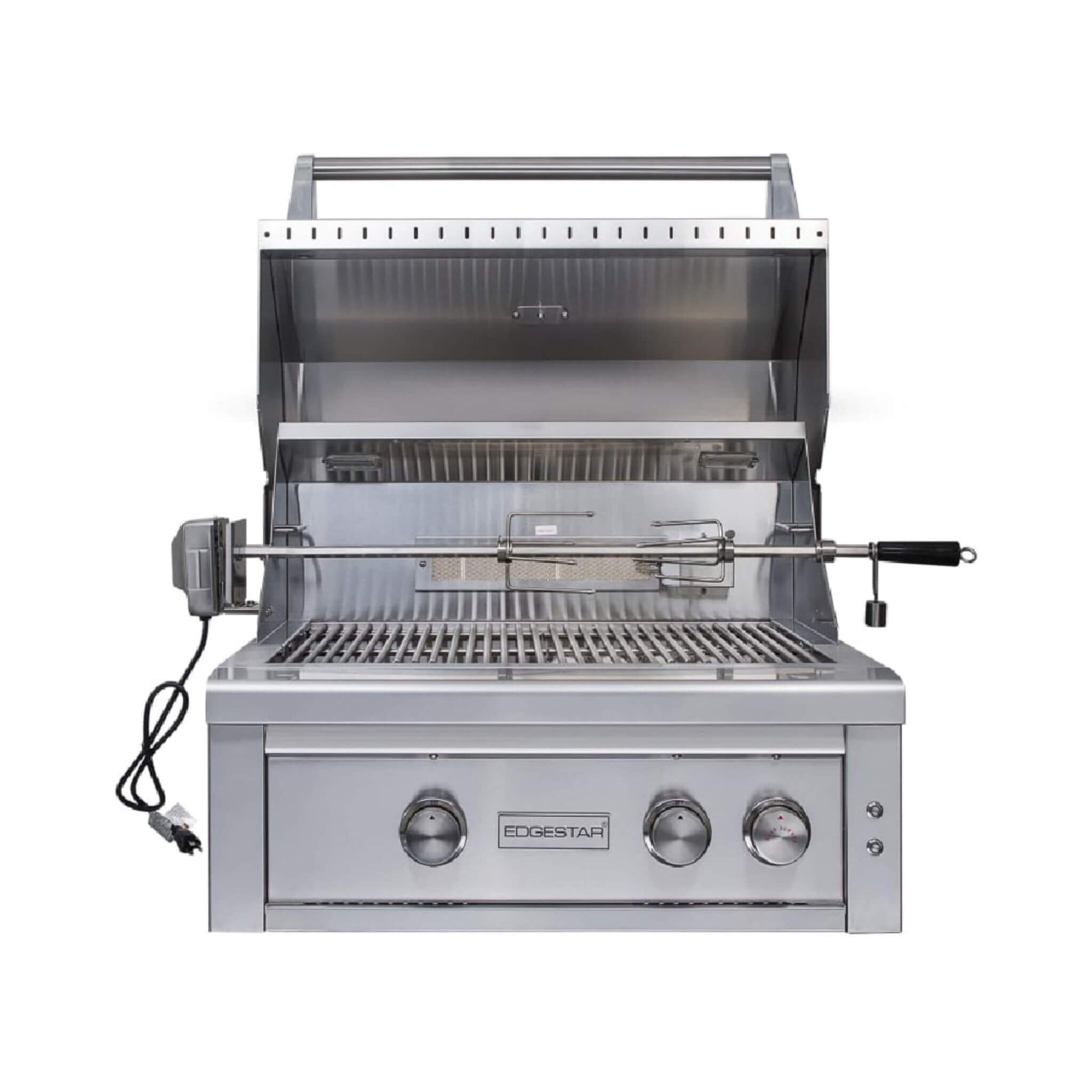 30-Inch 60K BTU Freestanding Gas Grill with Rotisserie front view showcasing burners and rotisserie.