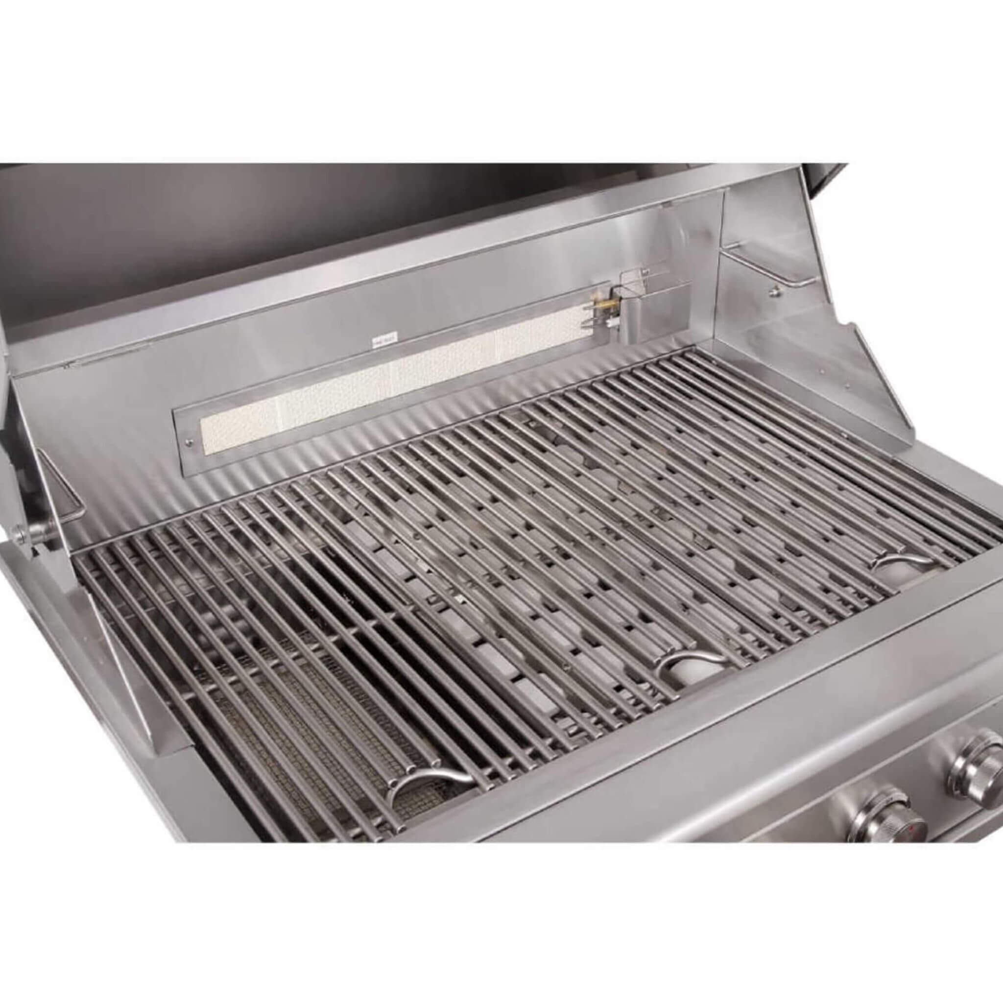 30-Inch 60K BTU Freestanding Gas Grill with Rotisserie cooking surface showcasing the stainless steel grates.