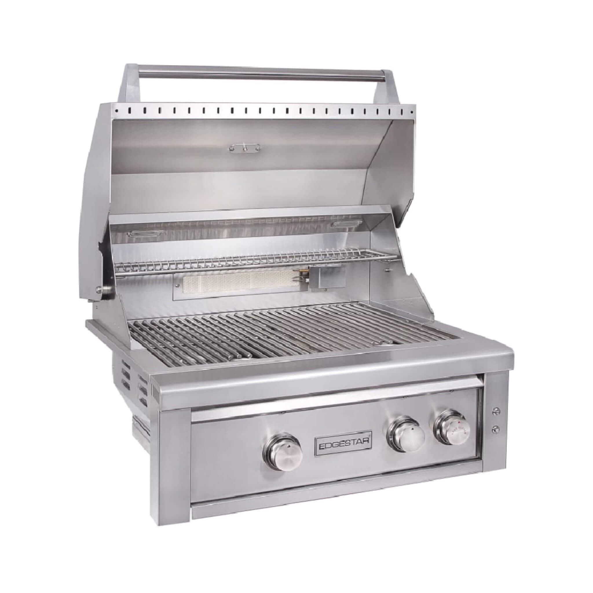 30-Inch 60K BTU Freestanding Gas Grill with Rotisserie open and ready for outdoor cooking.