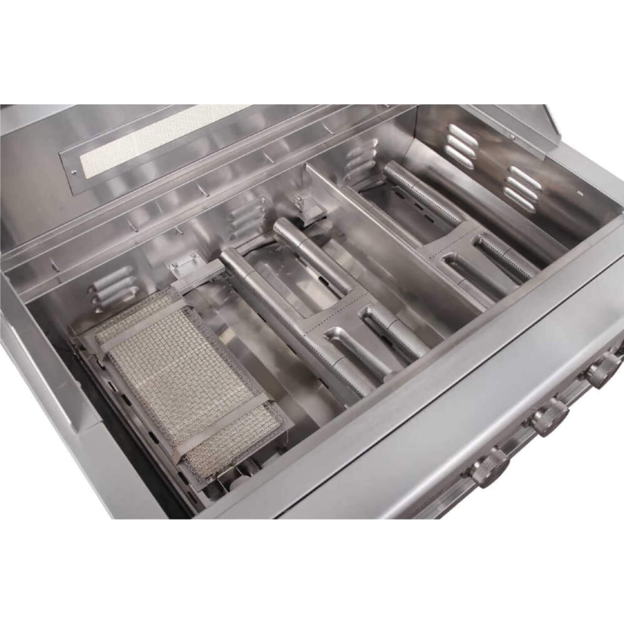 30-Inch 60K BTU Freestanding Gas Grill with Rotisserie interior view showcasing burners and cooking space.