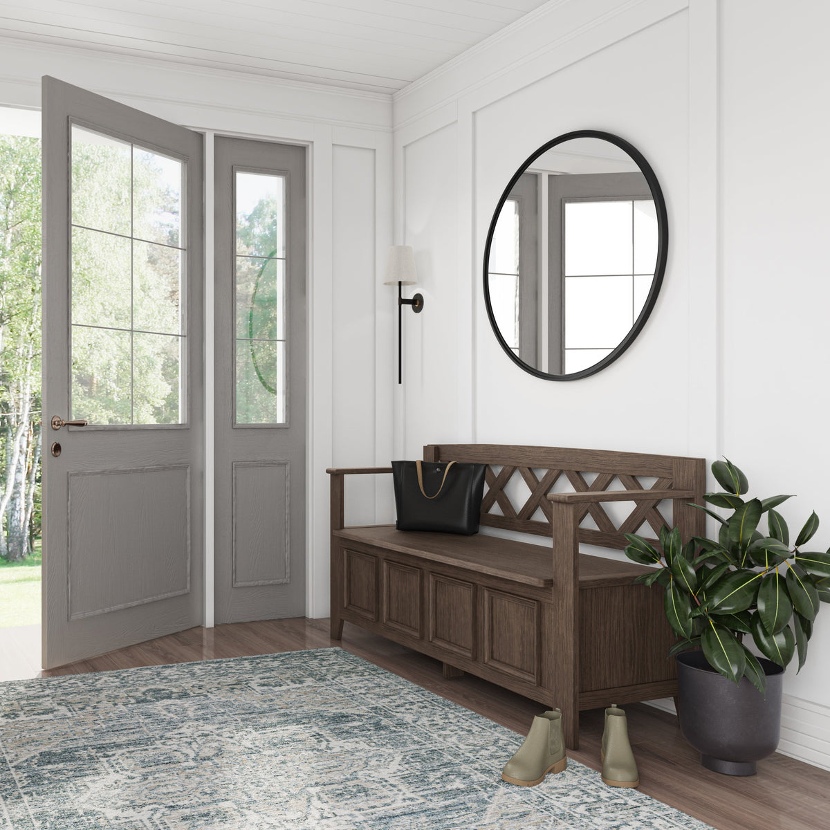 Amherst Solid Wood Entryway Storage Bench in Farmhouse Brown