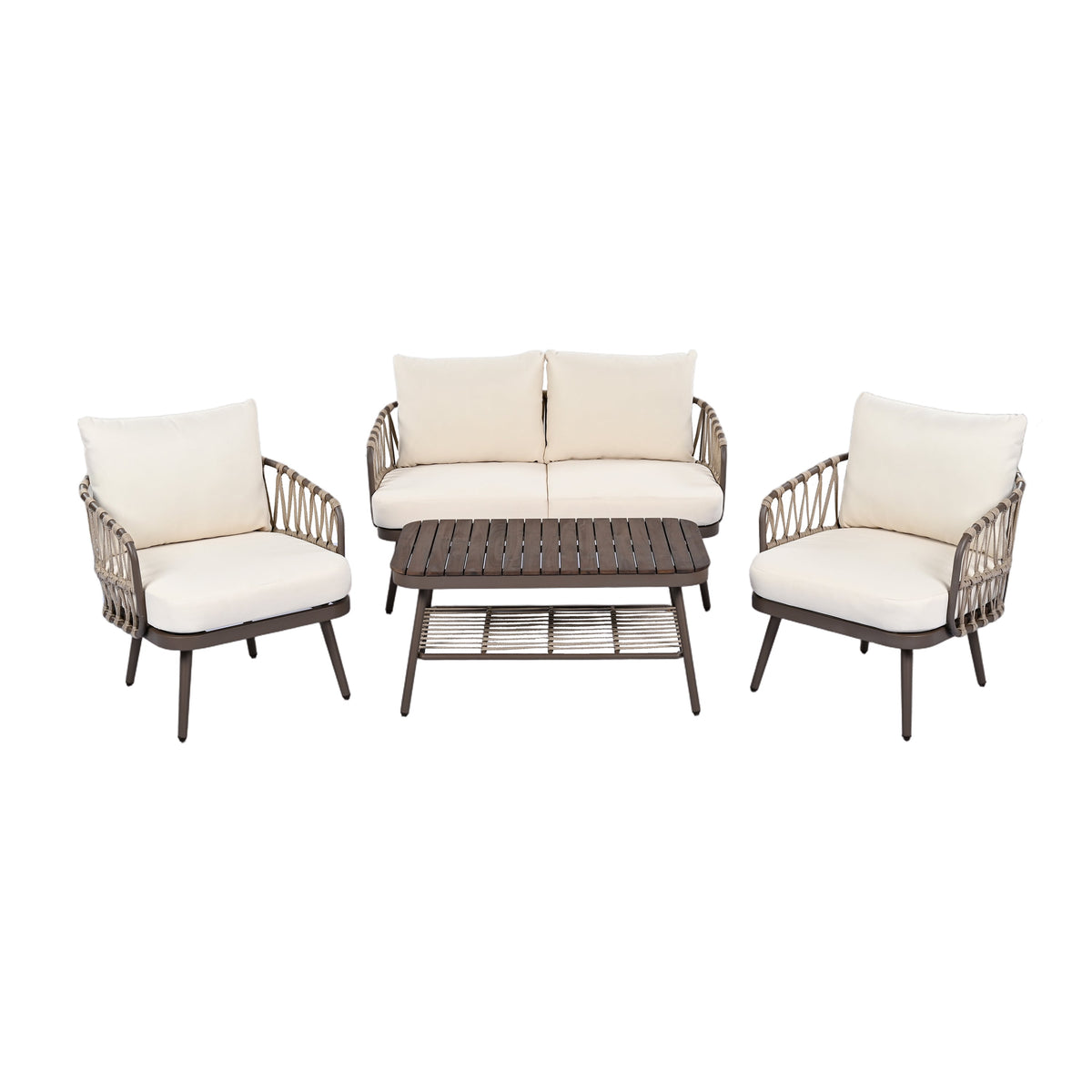 4-Piece Outdoor Patio Furniture Set with Metal Frame and Woven Rope
