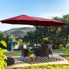 15x9ft Large Double-Sided Rectangular Outdoor Patio Umbrella with Light and Base - Red