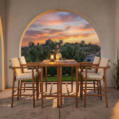 6 Piece Outdoor Bar Set with Acacia Wood Table & Cushioned Stools