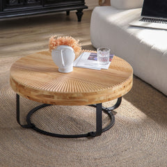 Modern Round Coffee Table with Wooden Carving Pattern and Metal Legs