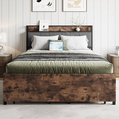 Upholstered Platform Bed with Storage and Charging Station in Vintage Brown and Gray