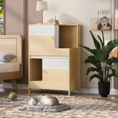 Furniture Style Multi-Use Natural Cat Litter Box House with Flip-Down Door