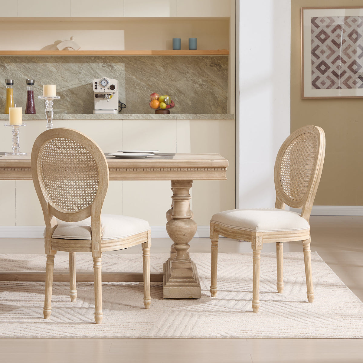 French Country Dining Chairs Set of 2 Upholstered with Rattan Back