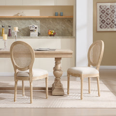 French Country Dining Chairs Set of 2 Upholstered with Rattan Back