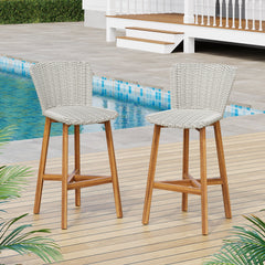 Lymington Outdoor Bar Stool Set of 2, Teak Finished Wood with Light Grey Wicker