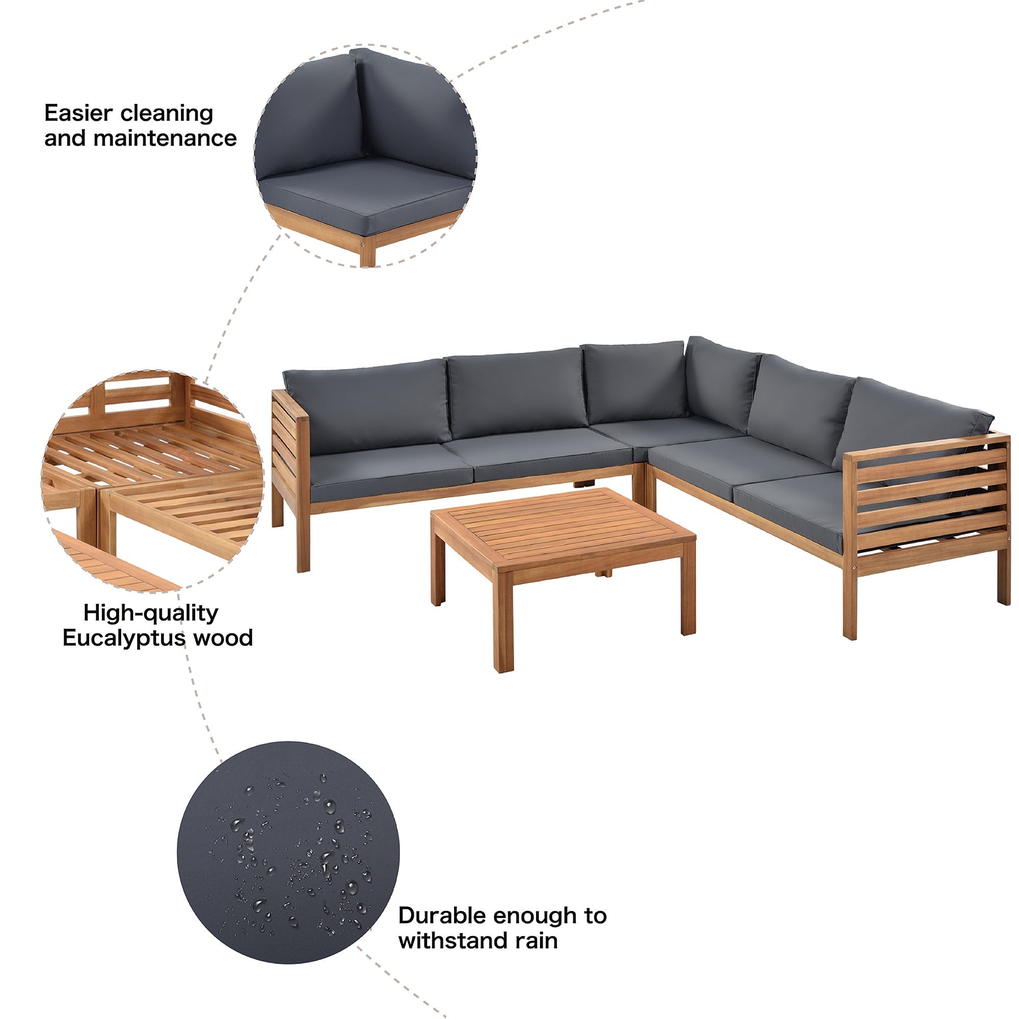 GO Wood Structure Outdoor Sofa Set with Gray Cushions