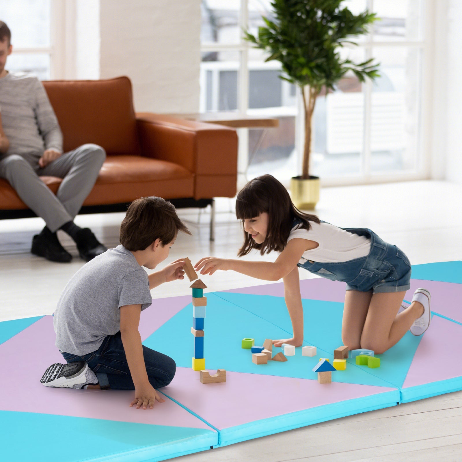 4-Panel PU Leather Folding Exercise Gym Mat with Hook and Loop Fasteners-Pink & Blue