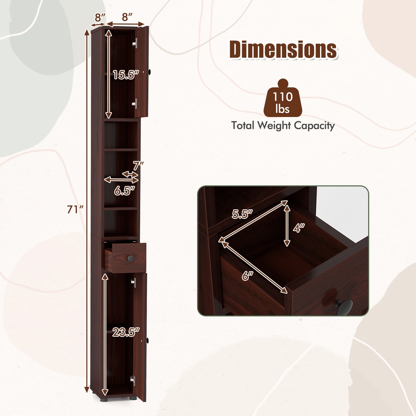 Freestanding Slim Bathroom Cabinet with Drawer and Adjustable Shelves-Brown