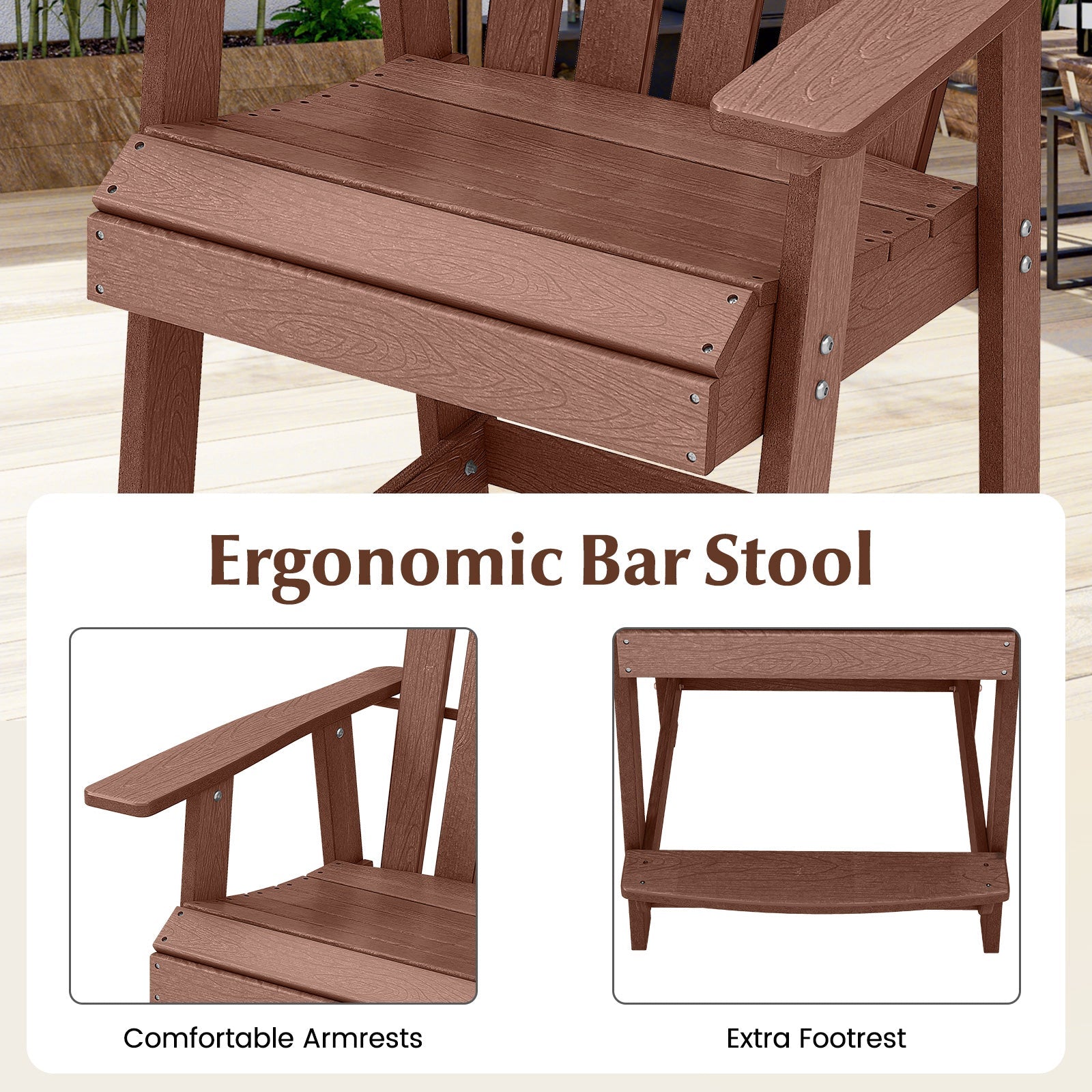 HDPE Patio Chair with Armrest and Footrest for Indoor Outdoor-Coffee
