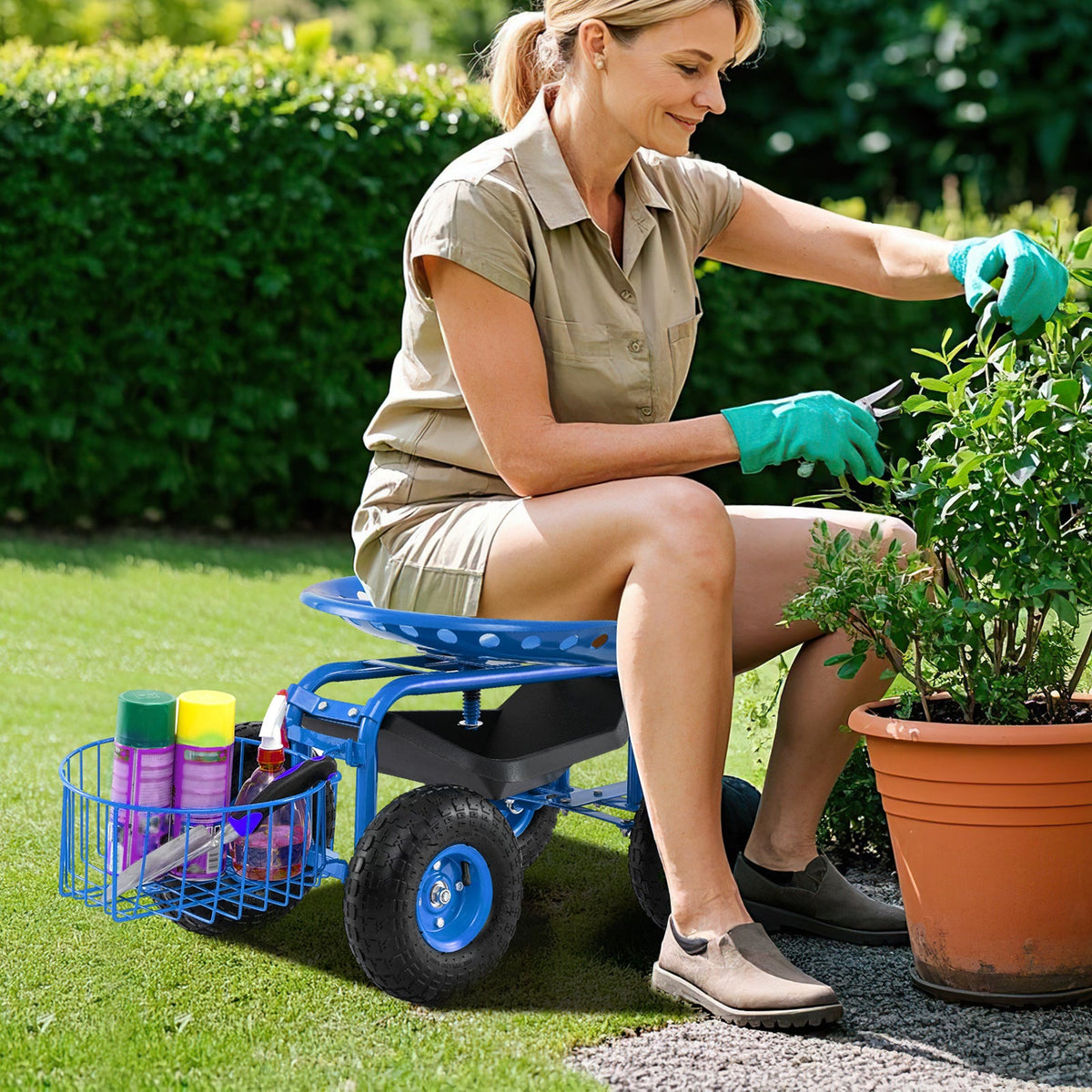 Heavy Duty Garden Cart with Tool Tray and 360 Swivel Seat-Blue