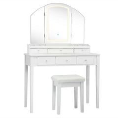 Vanity Table Stool Set with Large Tri-folding Lighted Mirror-White