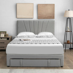 Full/Queen Size Upholstered Bed Frame with Drawer and Adjustable Headboard