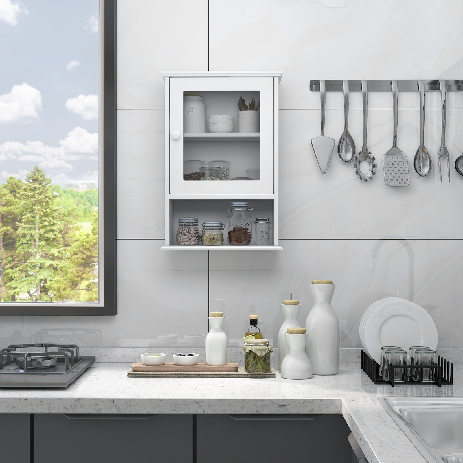 Bathroom Wall Mounted Adjustable Hanging Storage Medicine Cabinet-White