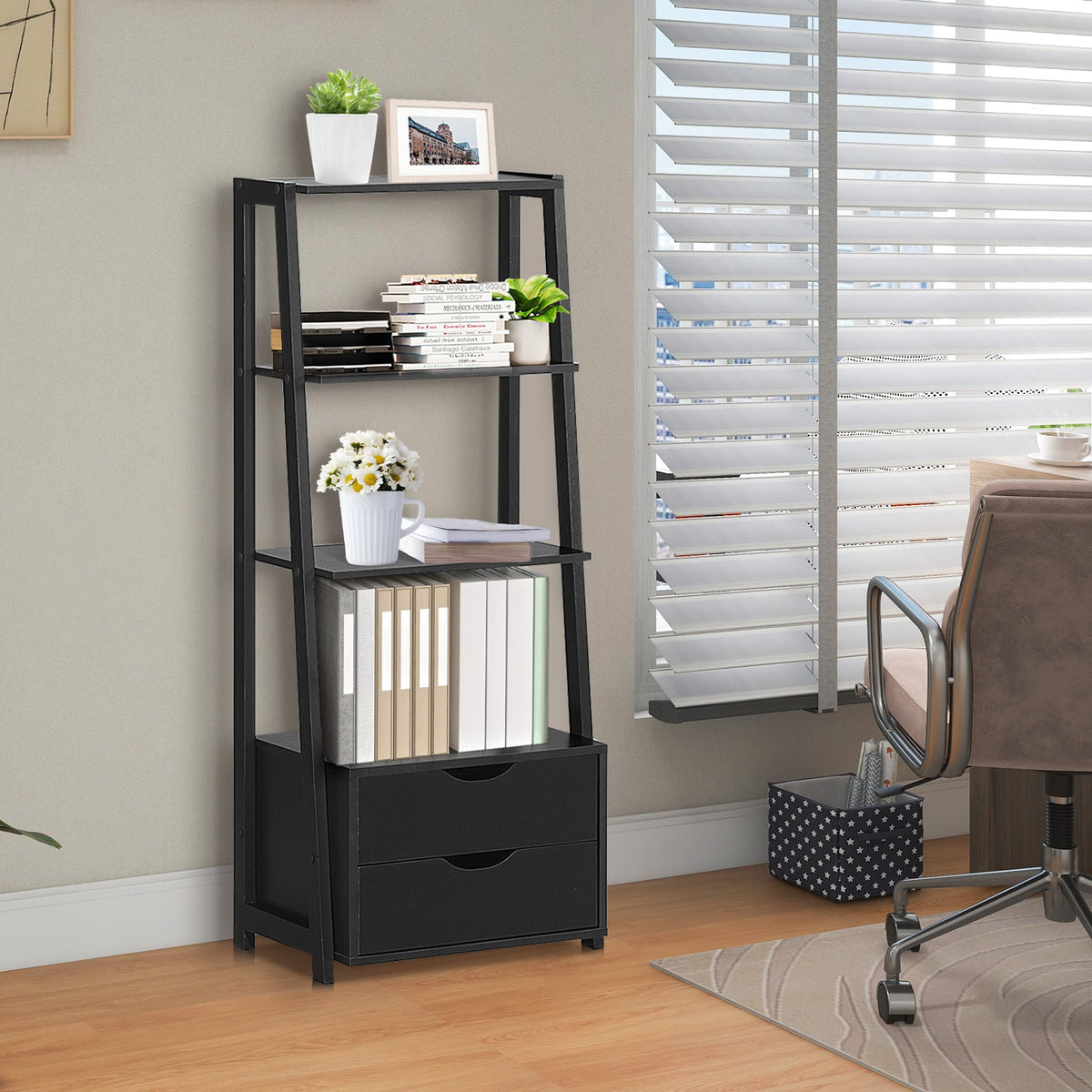 4-Tier Ladder Bookshelf Storage Display with Drawers